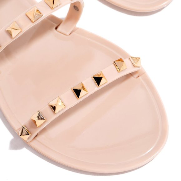 NEW Nude Gold Studded Open Toe Jelly Slide Sandal Flip Flops Triple Strap Flat - Picture 5 of 6
